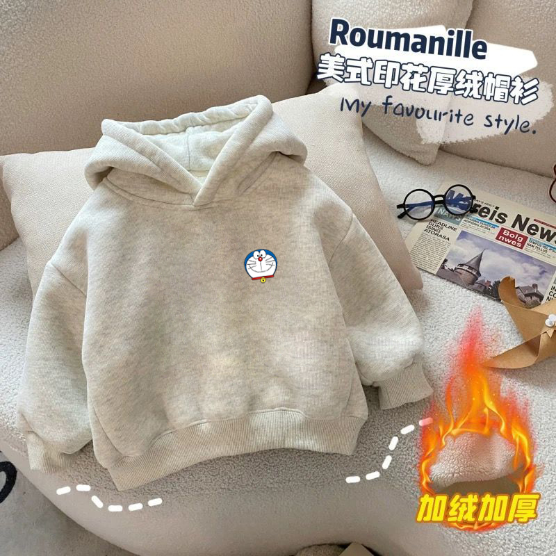 100%纯棉男童加绒加厚连帽卫衣2025秋冬新款儿童宝宝简约印花上衣 - 图3