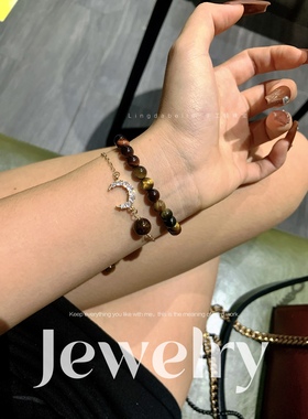 彩虎眼石黄虎眼蓝虎眼红虎眼锆石月亮24K精致套链送闺蜜朋友