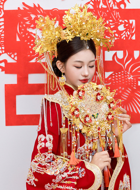 结婚团扇镶入式新娘中式出嫁秀禾服diy重工双面成品手工喜扇