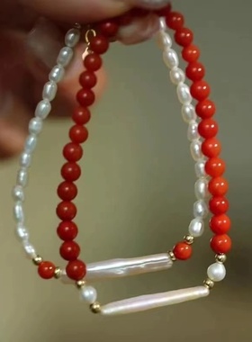 新中式红玛瑙天然淡水珍珠串珠手链2024新款高级感轻奢搭叠戴