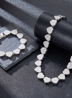 新款15mm爱心古巴链个性创意时尚合金水钻嘻哈饰品亚马逊专供