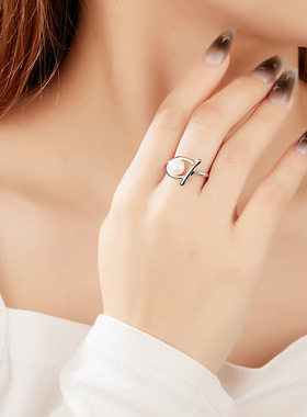 S925纯银戒指女小众设计款不规则开口指环珍珠配件空托DIY银饰品