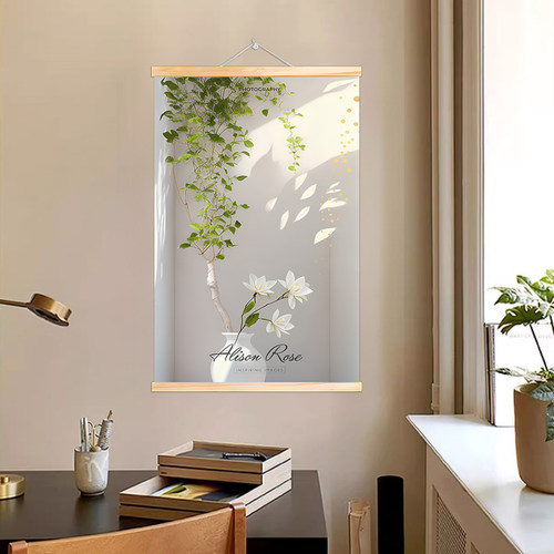 现代简约温馨植物花卉光影实木卷轴挂画花瓶玄关客厅入户门装饰画 - 图0