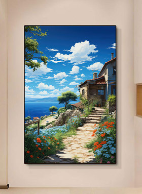 日式动漫宫崎骏风海边蓝天白云装饰画入户门玄关挂画客厅风景壁画