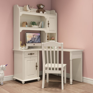 林氏木业美式儿童房书桌书架一体式桌女孩欧式一字板书桌椅卧室白