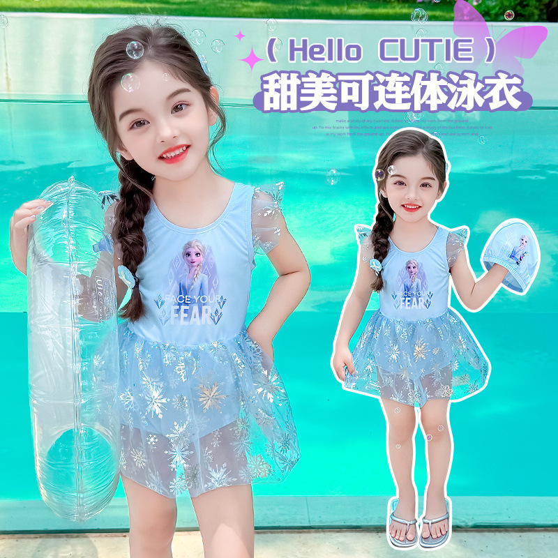 女童泳衣2025新款儿童连体泳衣女孩冰雪公主游泳衣女孩爱莎泳装 - 图1