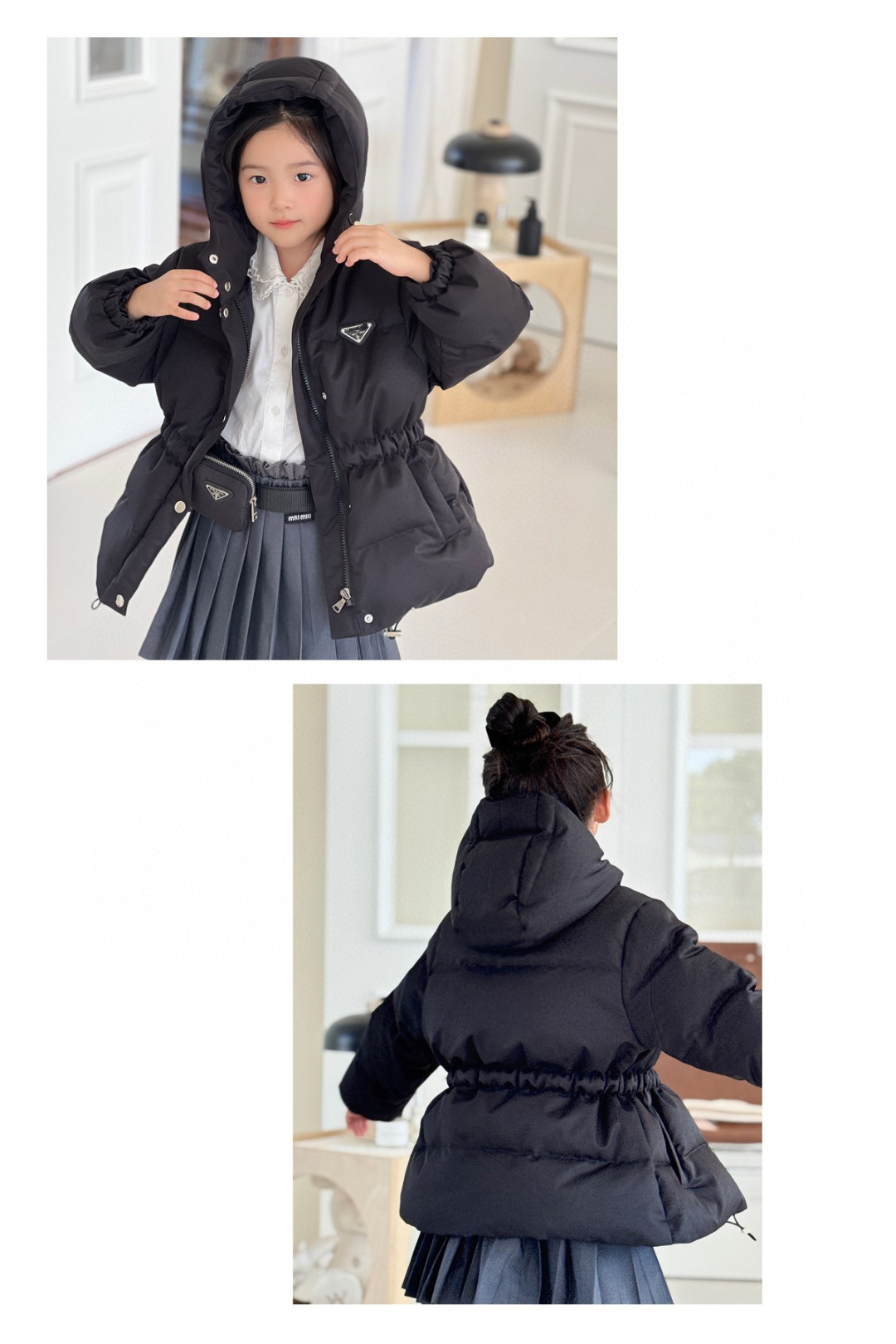 25冬季新款童装三角logo收腰羽绒服毛衣毛绒外套灯芯绒羽绒 - 图0