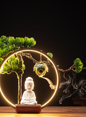 新中式禅意铁艺风化实木底座玄关装饰书房摆件客厅灯饰提升格调