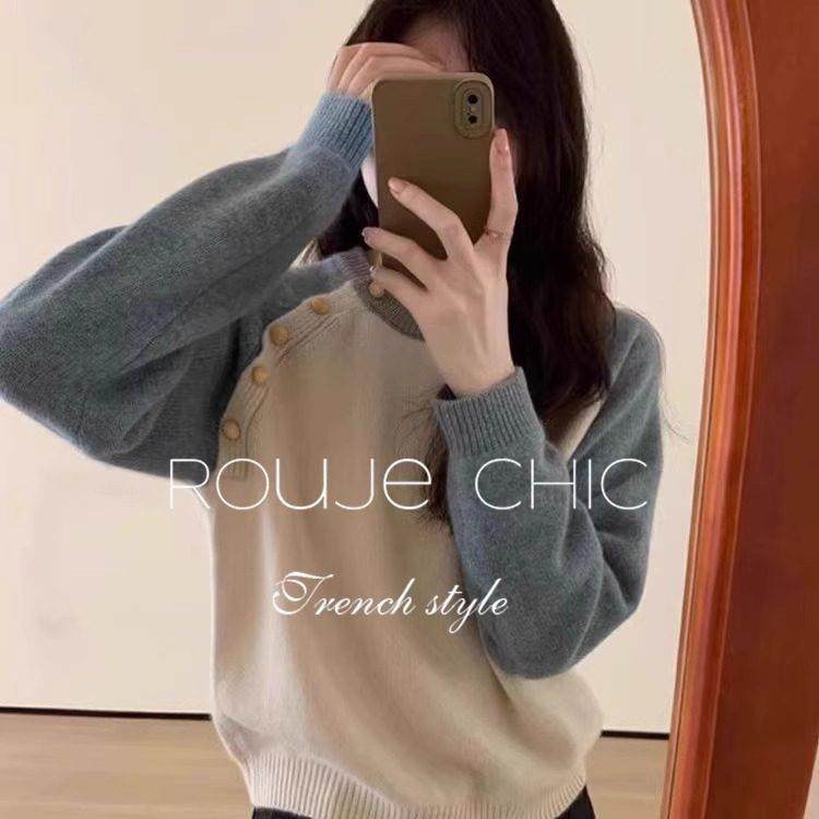法国rouje chic法式插肩袖斜扣加厚浣熊绒针织衫毛衣女秋冬季上衣,淘宝优惠券,粉丝福利购,淘宝优惠卷
