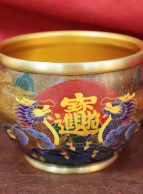 彩绘黄铜米缸百福缸财神聚宝盆摆件金属工艺品客厅家居大号存钱罐