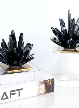 简约现代天然黑色玛瑙手工粘花摆件客厅电视柜书房桌面家居装饰品