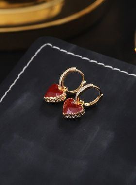 巴黎•设计师不掉色18k电镀 轻奢桃心滴油弧面项链耳钉套装