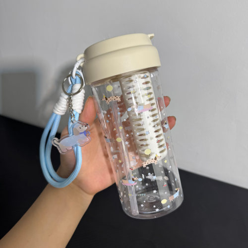 原创星星腊肠狗吸管杯透明水杯女高颜值学生可爱大容量带茶隔杯子 - 图0