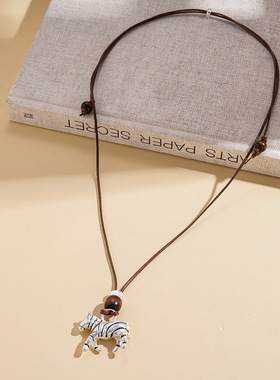 欧美皮革木珠可调节吊坠毛衣链