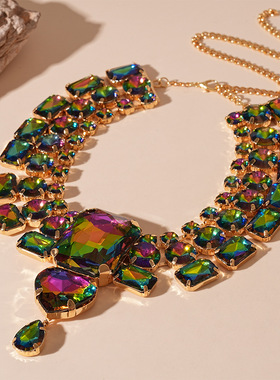 欧美夸张镶钻爱心方形几何项链女