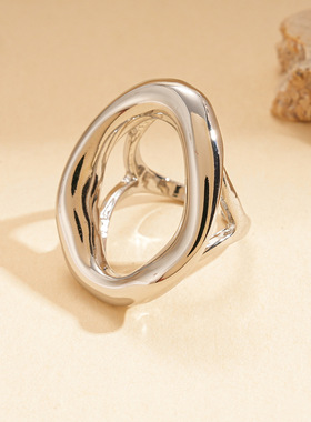 金属感镂空椭圆开口戒指食指戒女