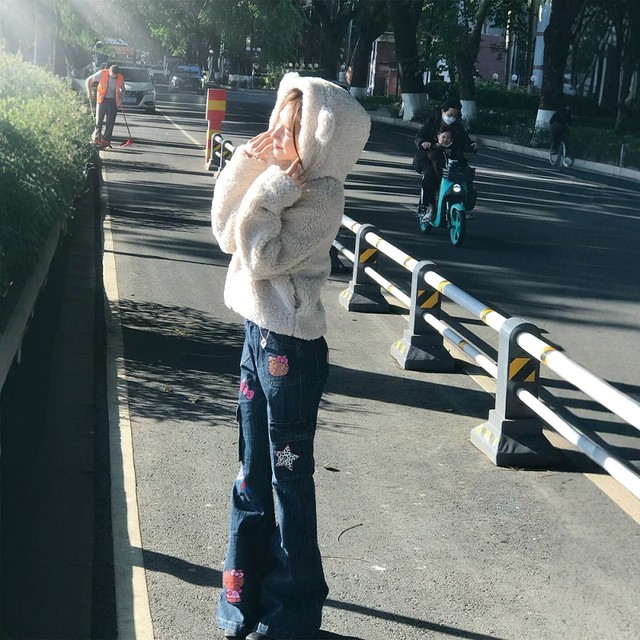 American retro cartoon KT cat print bootcut jeans