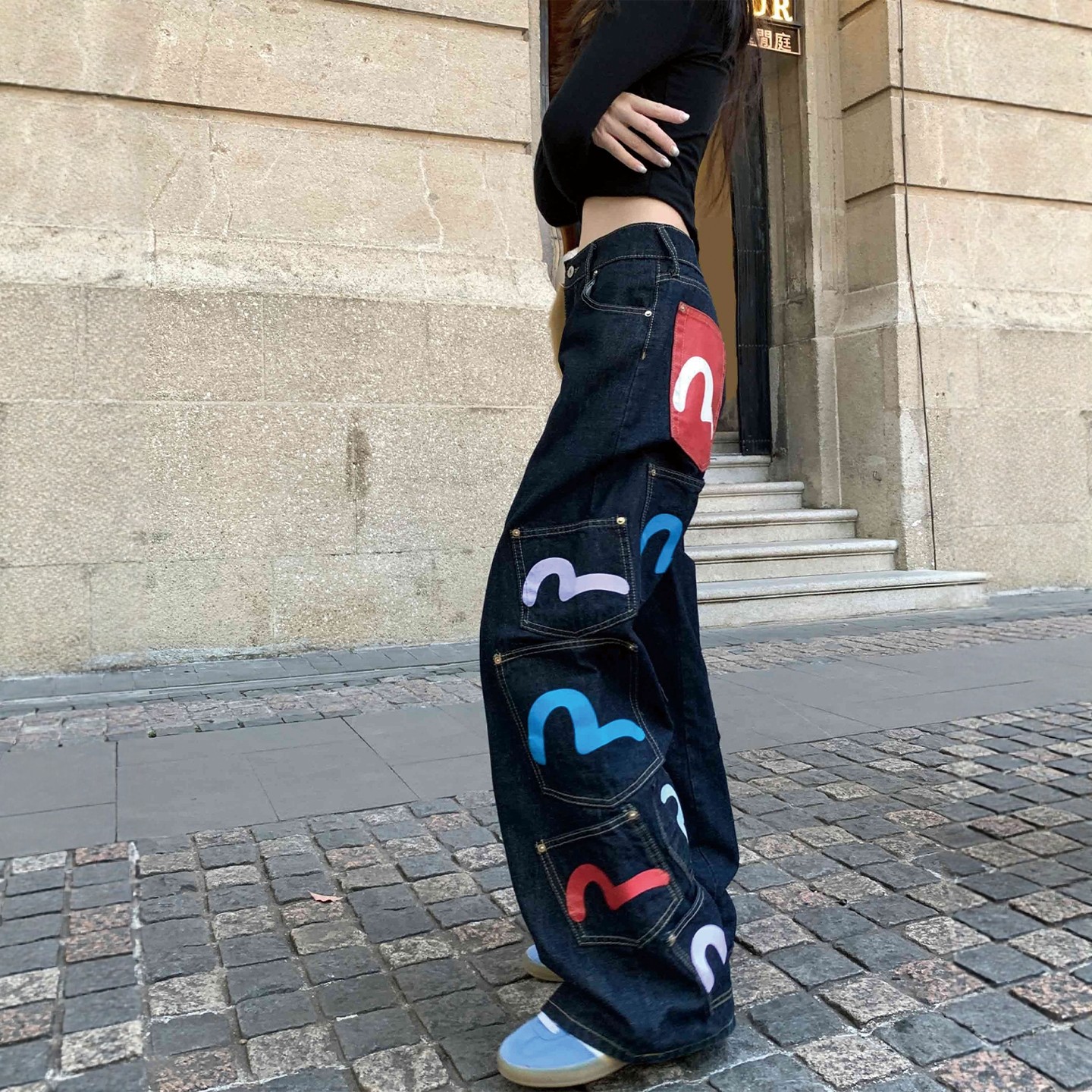 美式复古重工多口袋印花牛仔裤女男高街设计感宽松显瘦直筒阔腿裤,淘宝优惠券,粉丝福利购,淘宝优惠卷