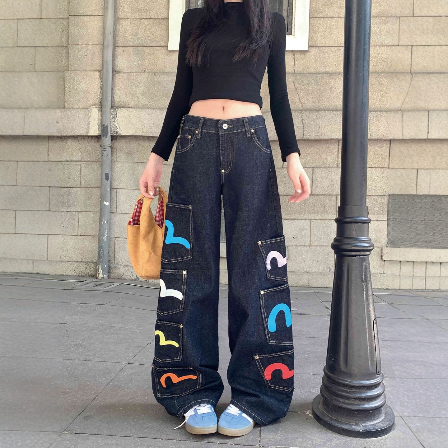 美式复古重工多口袋印花牛仔裤女男高街设计感宽松显瘦直筒阔腿裤,淘宝优惠券,粉丝福利购,淘宝优惠卷