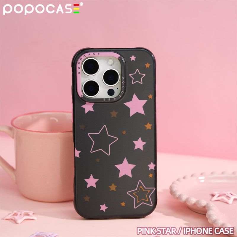 POPOCASE原创黑粉镭射星星小众设计ins磨砂带挂绳孔16promax手机壳iphone15pro新款炫彩渐变镭射14苹果保护套