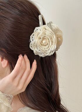 韩系蕾丝白色花朵珍珠抓夹大号女
