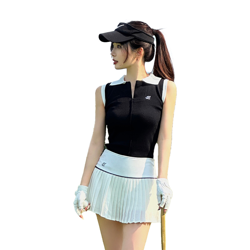 韩国高尔夫球服女套装网球百褶短裙golf运动POLO羽毛球衫无袖上衣 - 图3