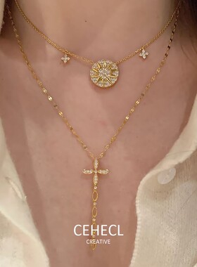 满钻十字架锁骨链女爆闪罗盘项链