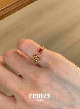 精致金色鸢尾花方钻红宝石尾戒女