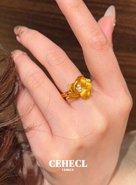 金色芍药花戒指女可调节点钻指环
