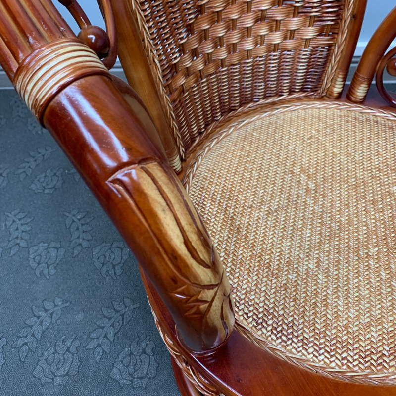 老式真藤椅三件套阳台桌椅茶几组合家用休闲单人高靠背腾编椅转椅 - 图1