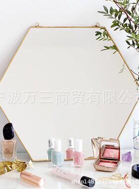 出口北欧极简几何造型金色黄铜六边形镜子卫浴镜玄关镜化妆镜