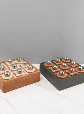现代简约金属皮革棋盘装饰收纳盒摆件客厅卧室书房软装家居装饰品