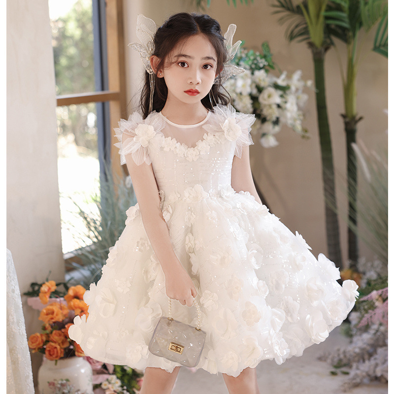 【纯白优雅】2025女童白色连衣裙主持人礼服夏季儿童生日婚礼小女 - 图2