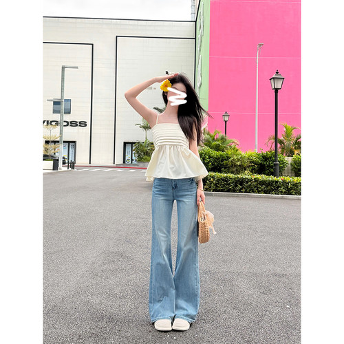 王家有鱼2025冰川蓝夏季新款莱赛尔不贴腿微喇裤显瘦百搭牛仔裤女 - 图0