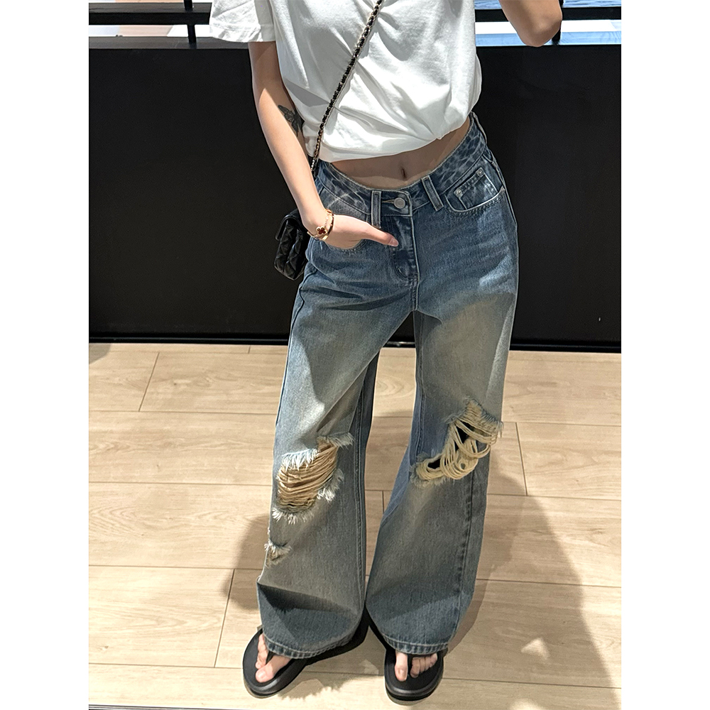 王家有鱼百搭显瘦直筒阔腿裤2025年新款垂感牛仔裤女夏季破洞裤子
