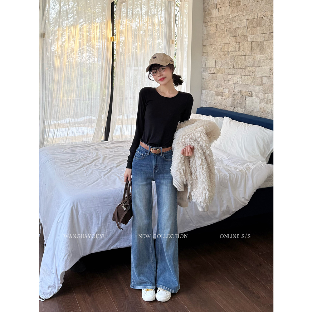 王家有鱼加绒复古微喇裤爆款时尚显瘦女裤2025秋冬新款百搭牛仔裤
