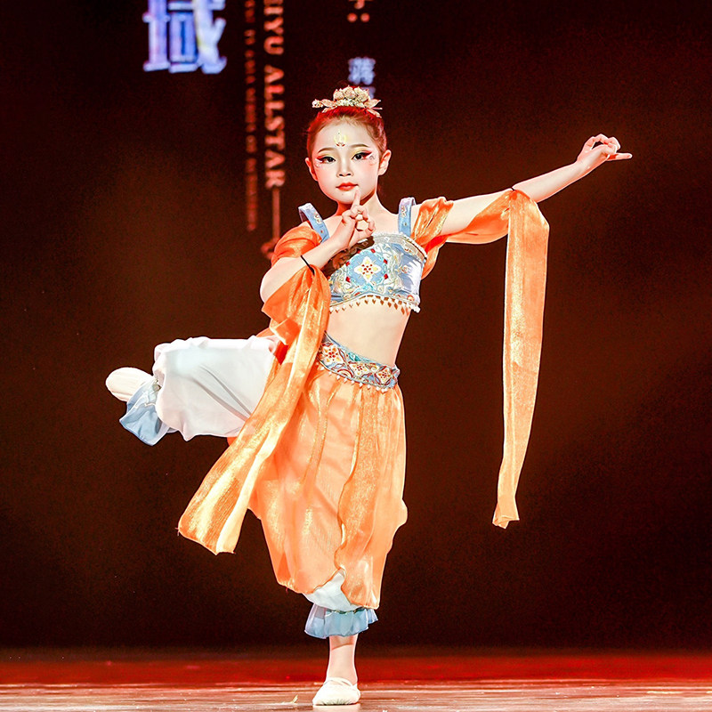 敦煌舞蹈服儿童飞天乐鼓演出服反弹琵琶异域风情舞蹈古典舞表演服,淘宝优惠券,粉丝福利购,淘宝优惠卷