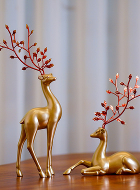 【特价】新中式仿铜鹿摆件家居客厅电视柜玄关样板房间软装工艺品