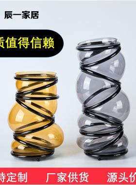 现代简约玻璃缠绕花器木质高脚果盘创意摆件桌面餐桌装饰品样板间