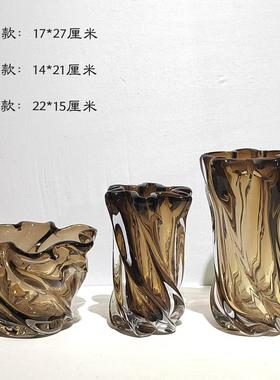 现代简约咖啡色高档琉璃玻璃花瓶厚重款家居餐厅样板房设计摆件