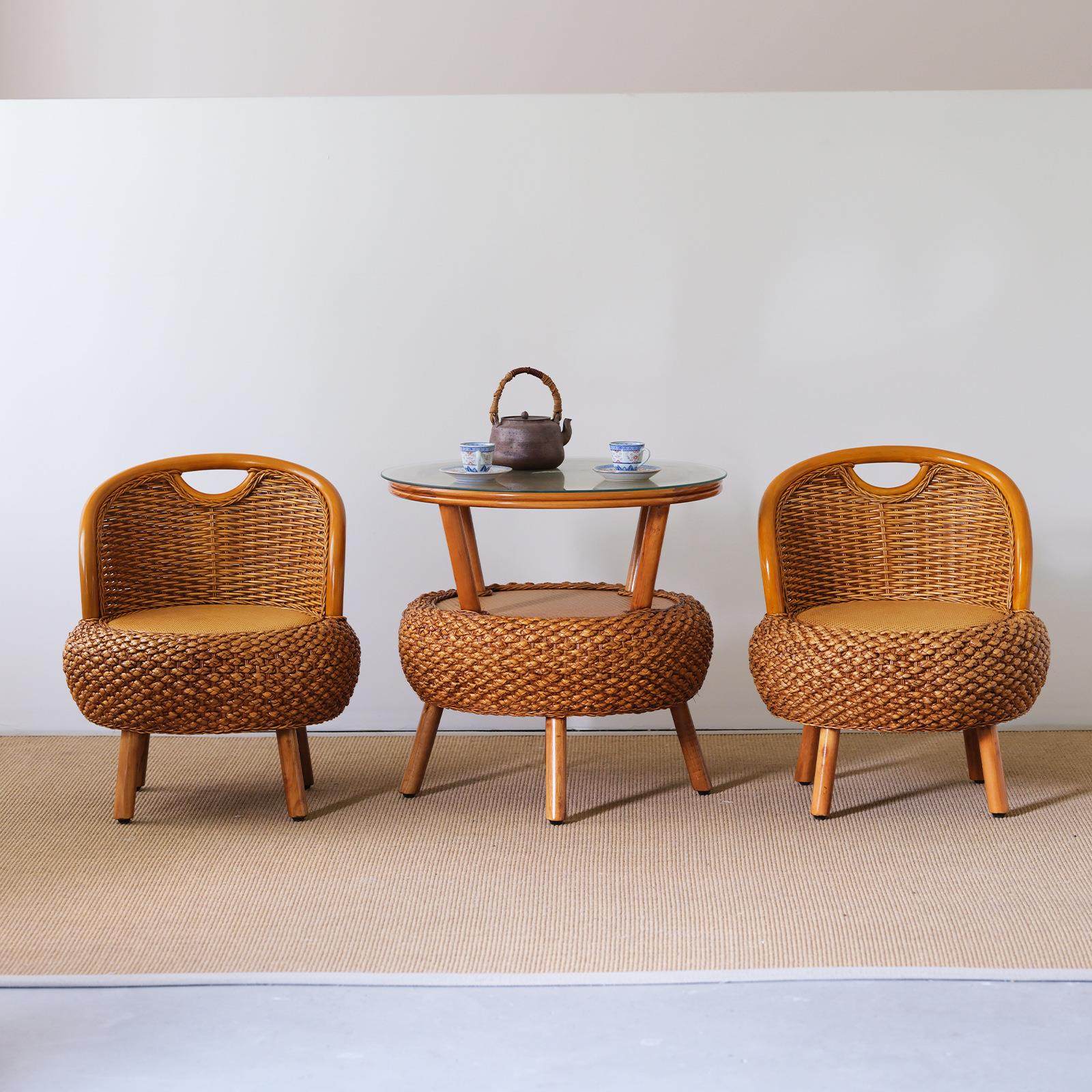 阳台小矮藤椅三件套简约藤条编织靠背椅茶几圆形藤编老人休闲座椅,淘宝优惠券,粉丝福利购,淘宝优惠卷