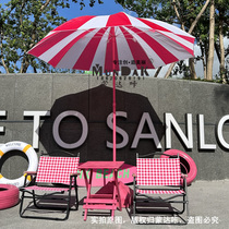Munda Click Customize Deep Powder White Bar Rose Red Table Umbrella With Dark Pink White Plaid Kmitt Folding Chair Photo Umbrella