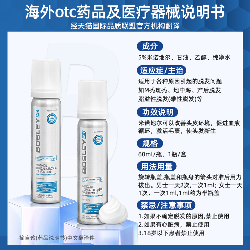 【泡沫型】BosleyMD美国进口5%米诺地尔酊0丙二醇男女生发液60ml