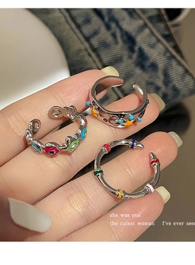 清瑾珠2024新款爆款彩色滴釉星星戒指三件套女高级感个性食指戒