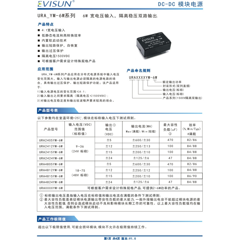 URA4812YM-6W 全新原装 电源模块宽输入(18-75V)  正负12V 0.25A - 图0