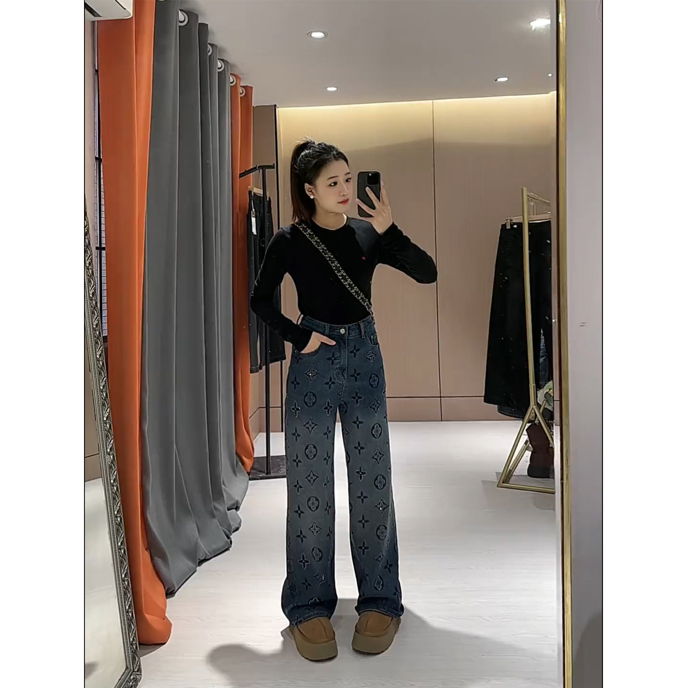 复古水洗高腰直筒牛仔裤女2025新款冬季刺绣提花加绒加厚阔腿裤子,淘宝优惠券,粉丝福利购,淘宝优惠卷