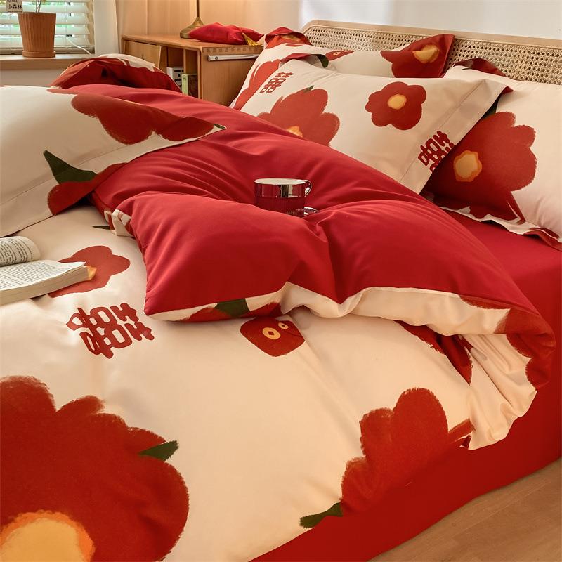 网花婚红庆床上用品红四件套结婚喜被大色SL-5新被罩婚嫁妆被套床 - 图2