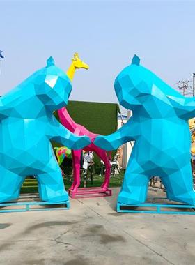 不锈钢卡通动物雕塑定制大型镂空发光切面网红熊鹿兔子长颈鹿摆件