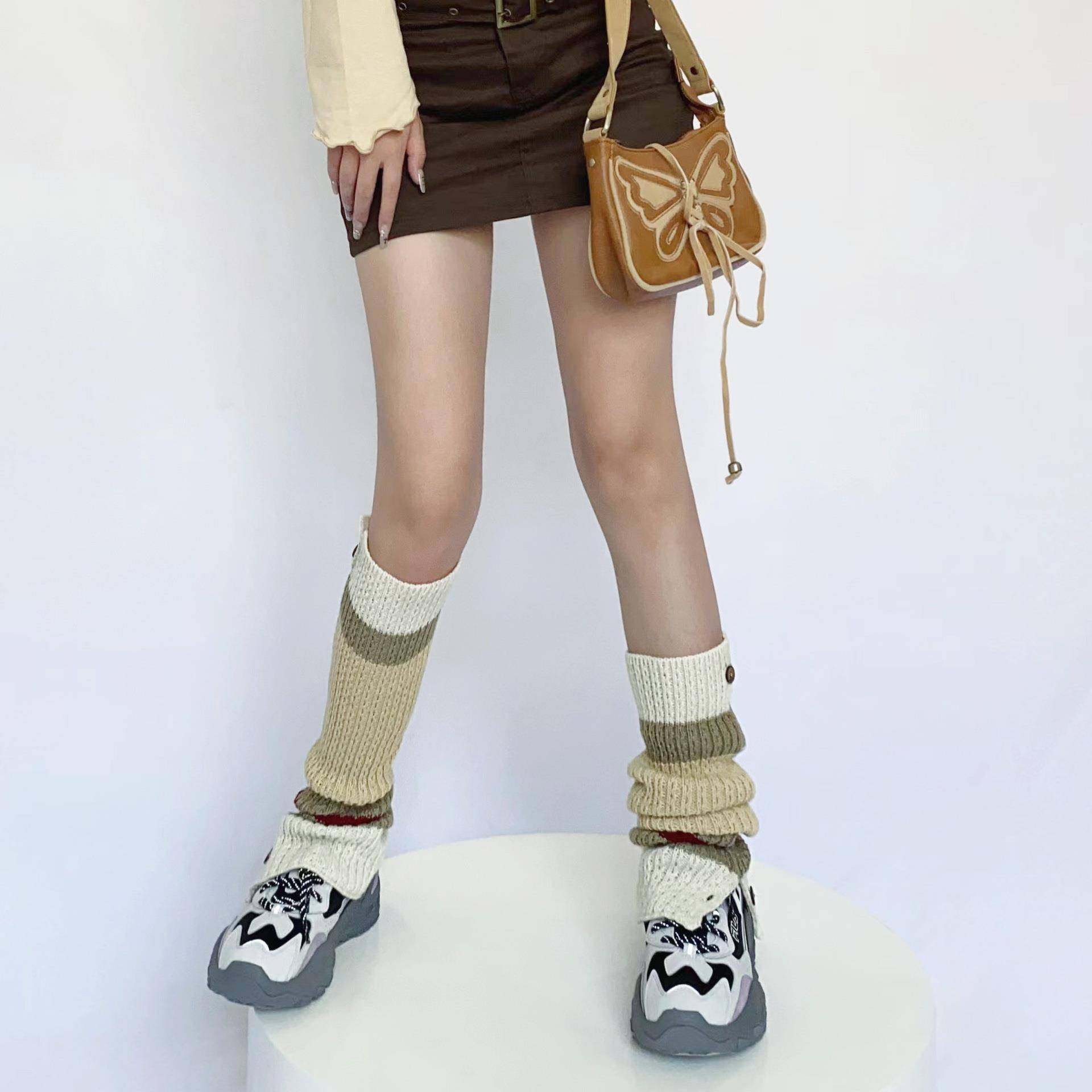 秋冬复古纽扣开口英伦美式学院辣妹拼色撞色堆堆针织毛线腿套袜套,淘宝优惠券,粉丝福利购,淘宝优惠卷