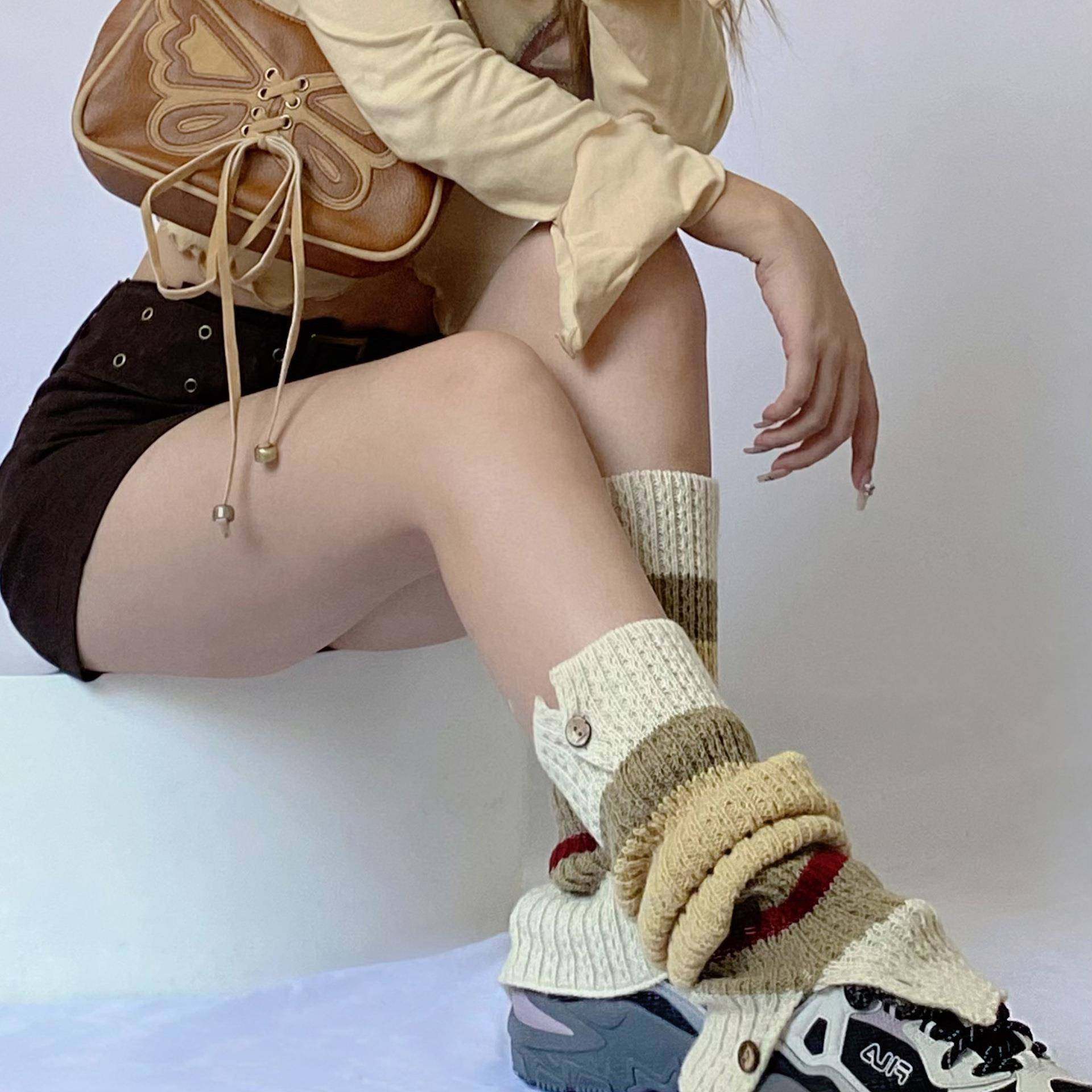 秋冬复古纽扣开口英伦美式学院辣妹拼色撞色堆堆针织毛线腿套袜套,淘宝优惠券,粉丝福利购,淘宝优惠卷